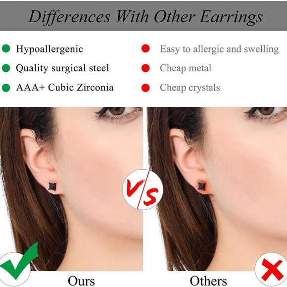 316L Stainless Steel Black Stud Earrings - Hypoallergenic CZ for All Occasions - Picture 6 of 7